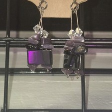 Handcrafted Glass Beaded Dangle Earrings Purple Silver Clear for Women