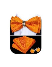 Mens Silk Bow Tie Pretied Bowtie with Gold Fashion Ring Orange Paisley 1