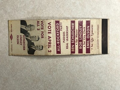 R385 Matchbook Cover All-Rockford Party Ben Schleicher Bob Lindley Emil Olson IL