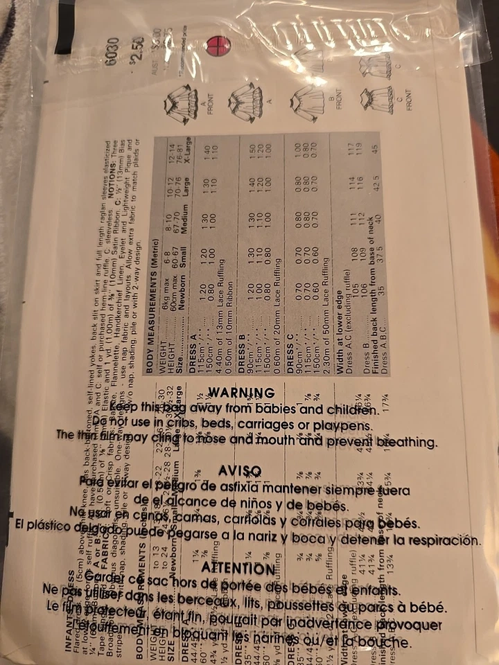 Butterick Infants’ Dress 6030 Size Small Vintage Uncut Size Small 13 - 18 Lbs - Image 2 of 2