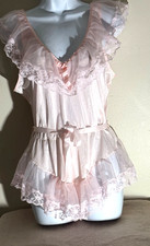 Vtg Amy Ann Pink Lace Silky Nylon Tricot Frilly Teddy Bodysuit USA Made Medium