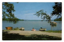 Day's End Vacation Time Vintage Lake Scene Postcard Boats Linen