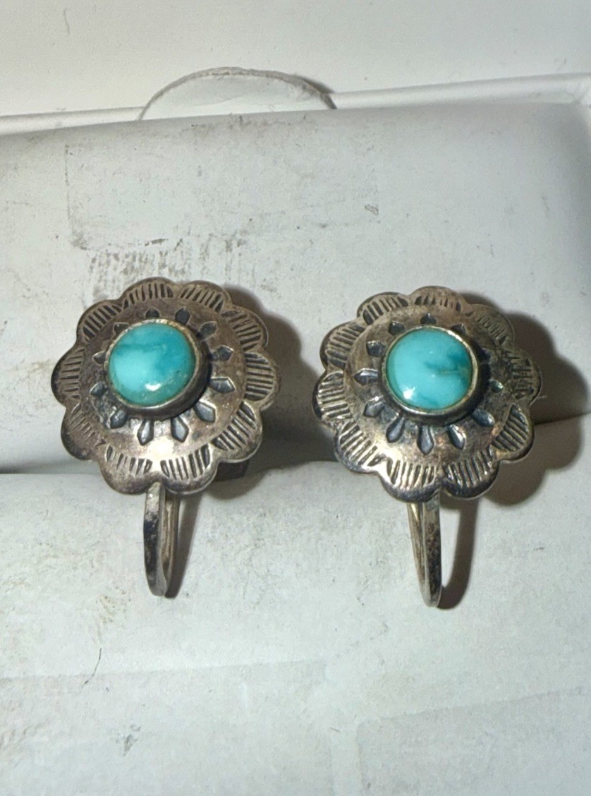 Native American Solid Sterling Silver Turquoise E… - image 1