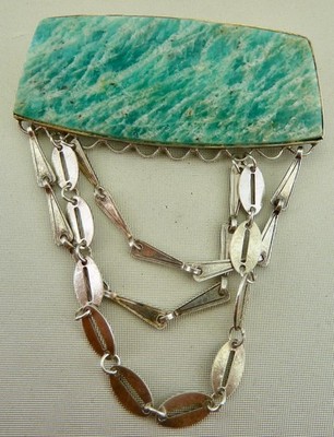 Brosche Silber 875/- mit Amazonit 1950er Jahre