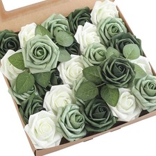 Artificial Flowers 25pcs Real Looking Sage Green  Emerald Green Foam Fake Ro...