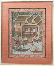 Stunning Thai Painting of Busy Village Vintage / Antique, Extremely Beautiful! 1