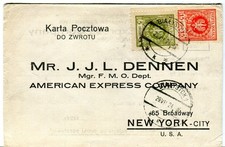 1924 Bialystok Białystok Poland cover to American Express in NYC NY USA on card