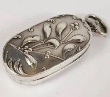 FRENCH SILVER SOVEREIGN COIN CASE PENDANT WITH MISTLETOE MOTIF ART NOUVEAU 925