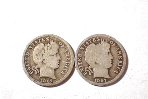 A Lot of two silver Barber dimes dated 1904 1907 Very Good Cond set RGR 551