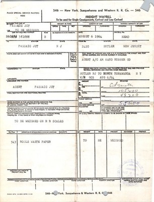 1964 NYS&W Waybill B & O Boxcar 381888 Waste Paper Shipment Butler NJ