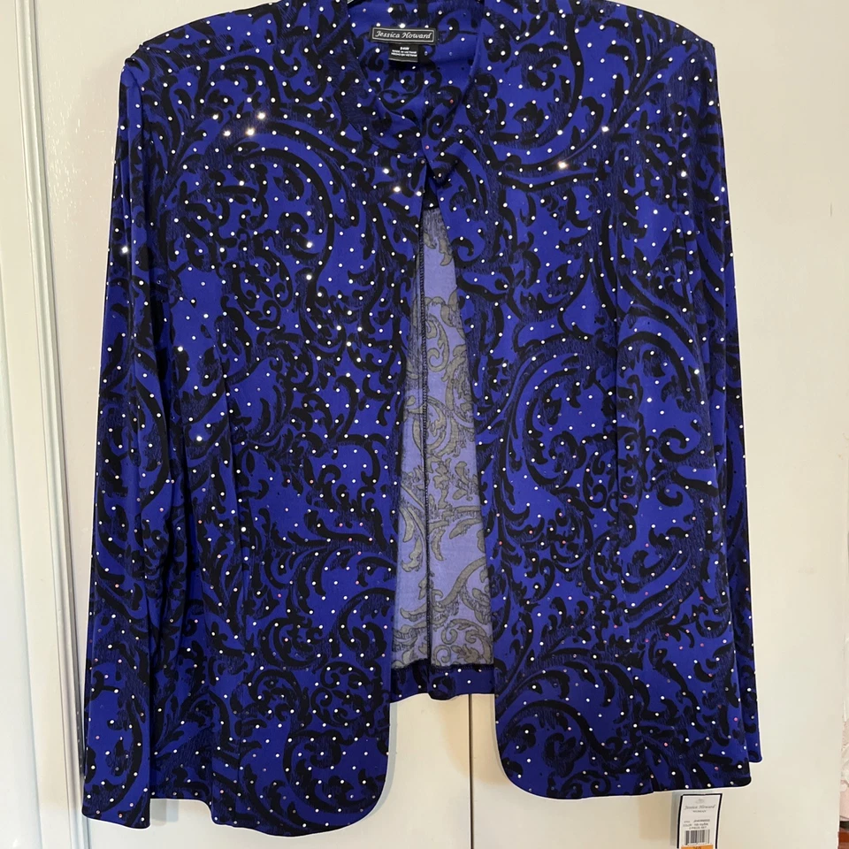 Jessica Howard Women 24w Cocktail Holiday Sequined Jacket Royal Blue & Black NWT - Image 2 of 4