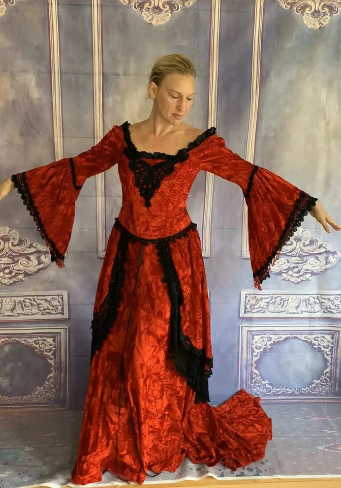 3 Piece Custom Red Velvet Renaissance Gown Dress SMALL/MED Corset Bustle - Image 2 of 4