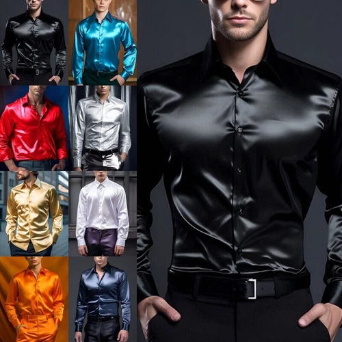 Herren Satin Hemd Tanzen Oberteile Hochglanz Kleid Langarm Hochzeit Freizeithemden Neu - Bild 5 von 25