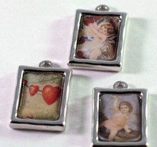 Charm, Photo Frame, 3 Silver Plated Pewter 20x15mm Charms w/Hearts  Cherubs 