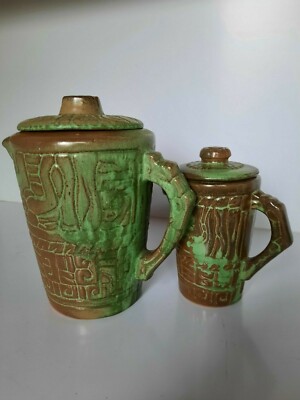  Mid Century Franciscan set of 2 green and brown etches Severs with lid