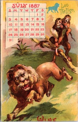 McElrees Wine of Cardui July 1887 Calendar Leo Lion Monkeys Pulling ...