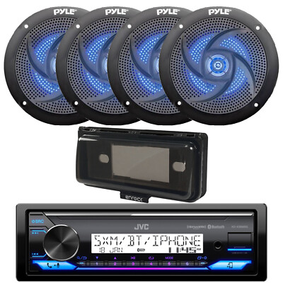 Marine Bluetooth Radio, 4x 4'' 100W Blue Flash LED Boat Speakers, Cover (Black)