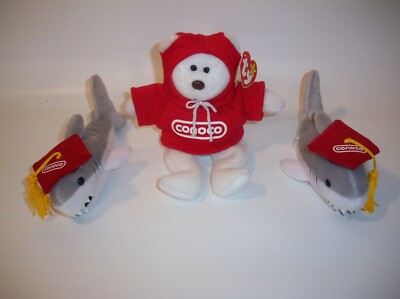 Vintage CONOCO (2)Smart Sharks (1) Beanie Baby Plush Toys Collectibles, Rare!