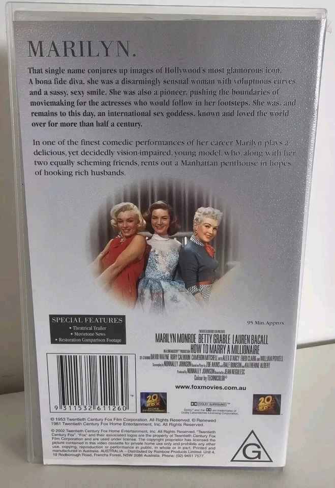 HOW TO MARRY A MILLIONAIRE ~ MARILYN MONROE, BETTY GRABLE.  VHS VIDEO. FREE POST - Image 2 of 4