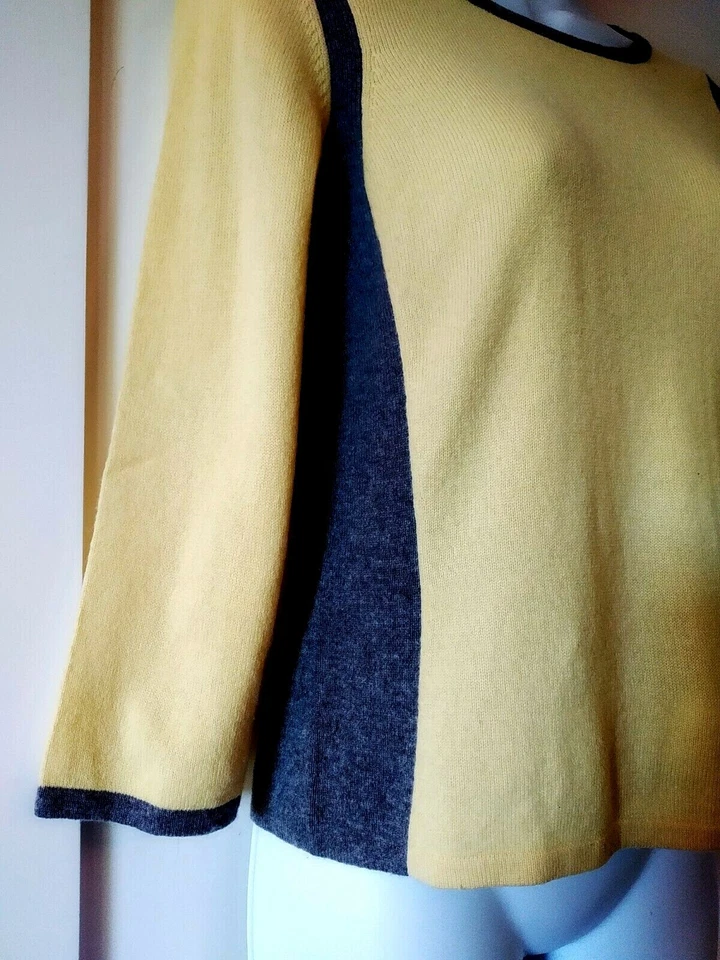 ALFANI-Size Petite Yellow 100% Cashmere Pullover w/Gray Trim &Ribbed Side Panels — 第 4/4 张图片