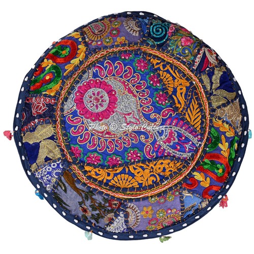 Round Pouf Ottoman 22 in Ethnic Patchwork Pouffe Poof Floor Pillow Foot stool - Picture 3 of 5