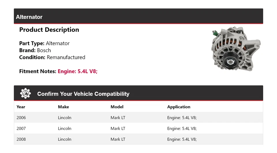Alternador Bosch V8 5,4 L para Lincoln Mark LT 2006-2008 (remanufacturado) 2007 Foto 2 de 4