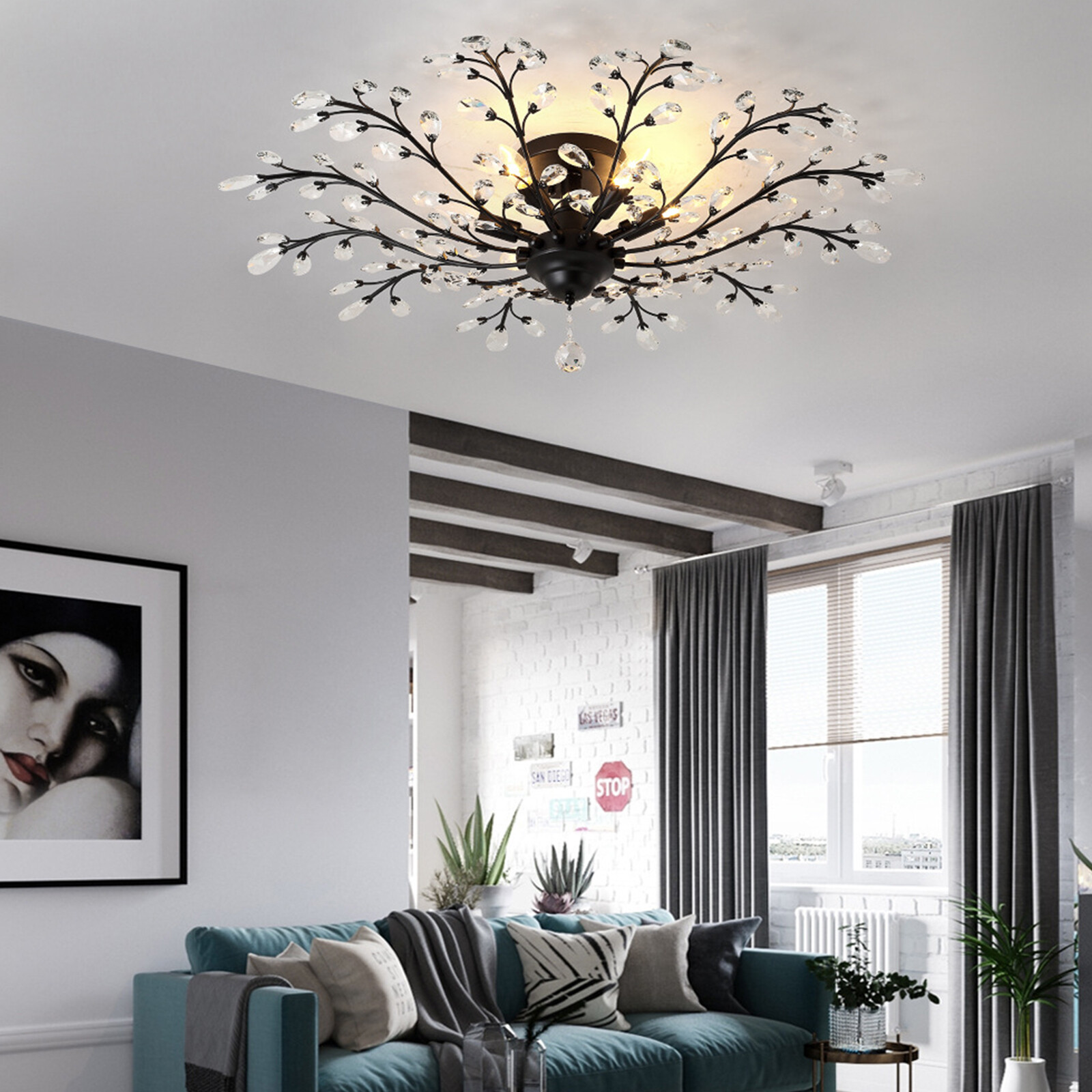 5-Lights Crystal Chandelier Light Branches Ceiling Pendant Lamp Vintage Fixture