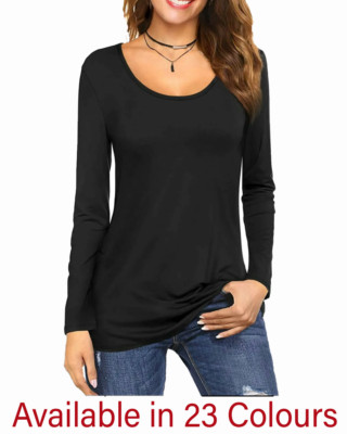 Damen Frauen Langarm Rundhalsausschnitt einfach tailliert T-Shirt Top Größen 6-24