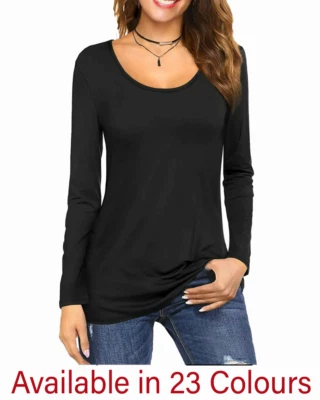 Women's Ladies Long Sleeve Round Scoop Neck Plain Fitted T-Shirt Top Sizes 6- 24 - Image 1 of 4