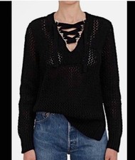 Derek Lam 10 Crosby Sweater Black Open Knit Lace Up Detail Size L 395