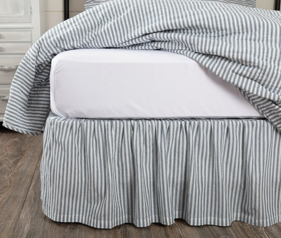 Falda Cama King Reunida Denim Azul Rayas Estilo Granja Sawyer Mill Foto 3 de 4