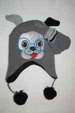 Toddler Boys WINTER HAT  MITTENS Animal Critter CUTE PUPPY DOG w/ GLASSES Gray
