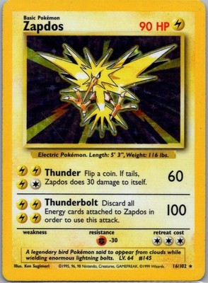 Zapdos 16/102 Holo Holo Rare Base Set Unlimited Pokemon Holo Near Mint