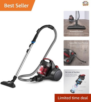 Red Whirlwind Lightweight Vacuum: Automatic Cord Rewind + Washable Filter, 2.5L