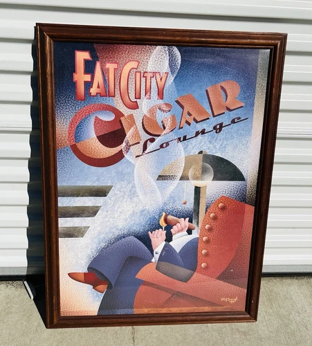 Fat City Cigar Lounge Print Framed 24”x 34" Michael Kungl 1999 Vintage