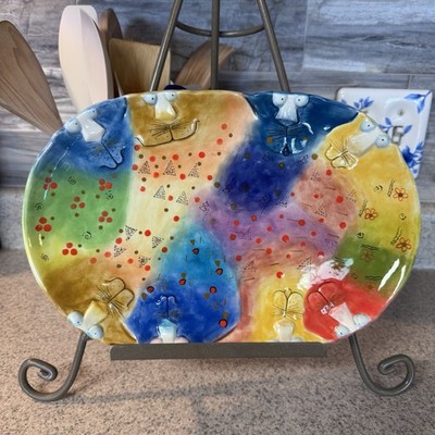 12 in Studio Designworks Joy Cat Platter Hand Painted Whimsical Cats Colorful 
