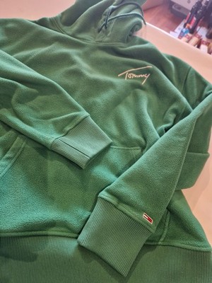 Tommy Jeans Herren Kapuzenpullover Hoodie Fleece Grün Logo bestickt Größe L