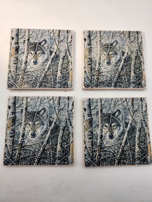 Wolf Print Coasters David Wenzel Fleeting Glimpse Set of 4 Cork Back 3.5'' RARE 