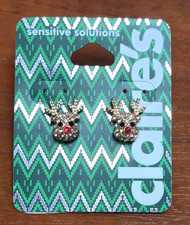 New On Card Claire's Holiday Christmas Rudolph Reindeer Rhinestone Stud Earrings