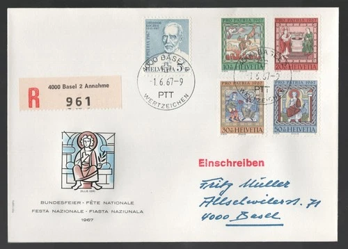 1967 Switzerland Pro Patria. National Day FDC. Basil Registered First Day Cover