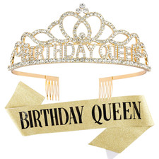 Gold Birthday Crowns and Sash - Queen Tiara for Party Decorations