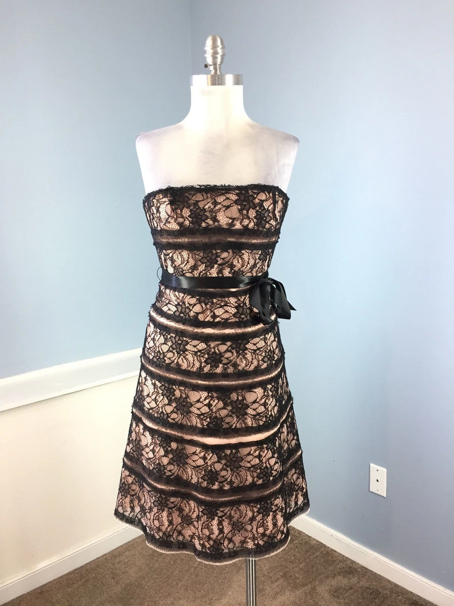 BCBG Maxazria Black Pink Lace A Line Strapless Cocktail Formal Dress XS 0 P EUC