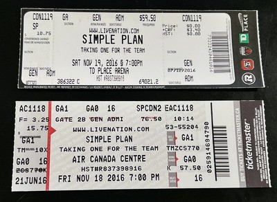 2 Simple Plan November 2016 Concert Ticket Stubs Canada Taking One for the Team