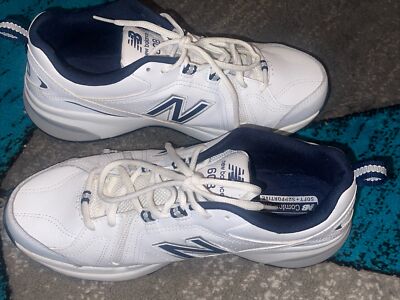 New Balance 608 v5 Mens Wide 2E White Blue Leather Athletic Sneakers  EUC