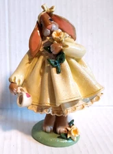 1998 Donna Little Enesco Bunny Rabbit Figurine Yellow Dress Flowers 5" - Darling