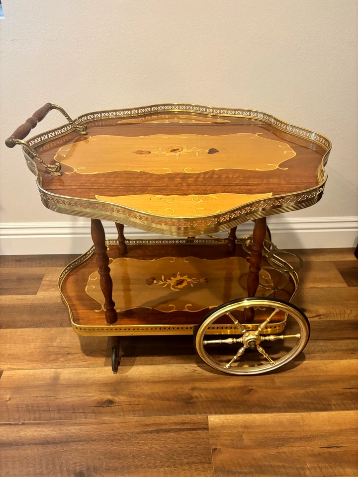 CARRITO DE SERVIR TÉ/CAFÉ/POSTRE VINTAGE CON RUEDAS Marrón/Dorado/Detalle Floral Foto 2 de 4