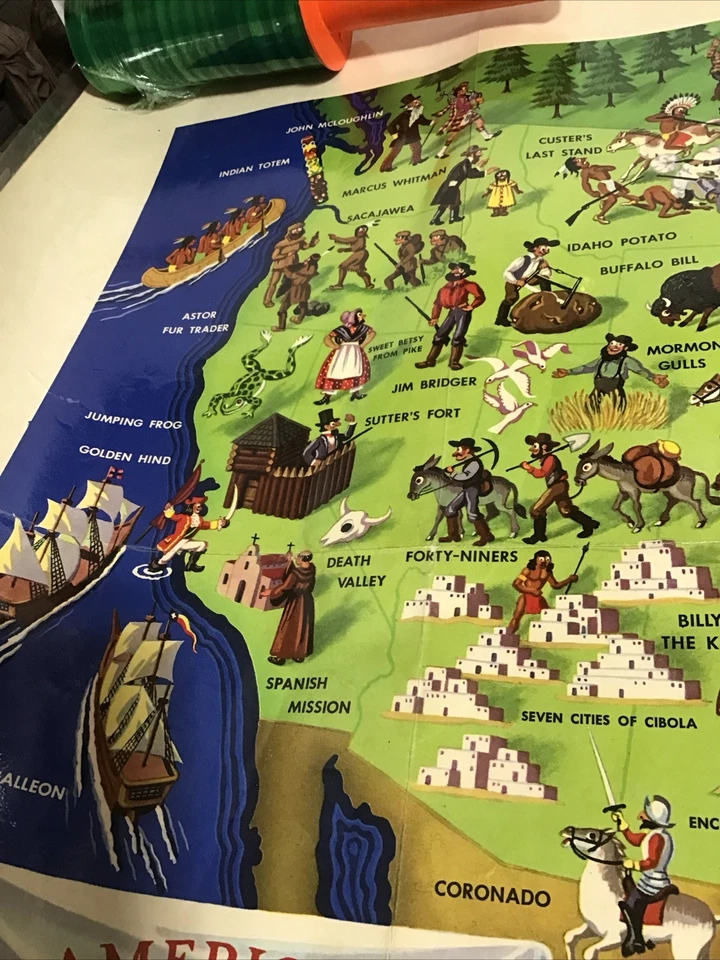 AMERICAN FOLKLORE & LEGENDS  LARGE MAP JOHN McKEE Vintage 1950 Original - Image 2 of 4