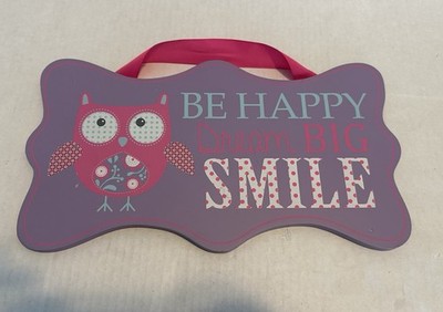 Be Happy Dream Big Smile Owl Hanging Wall Art Purple Pink Kids Bedroom Playroom