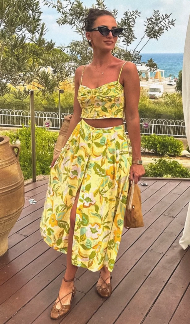 Zara Floral Printed Linen Blend High Waist Skirt Yellow Size M 8351/038 New