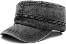 Lynmquober Cadet Army Cap Denim Military Caps Flat Top Hats One Size, Black